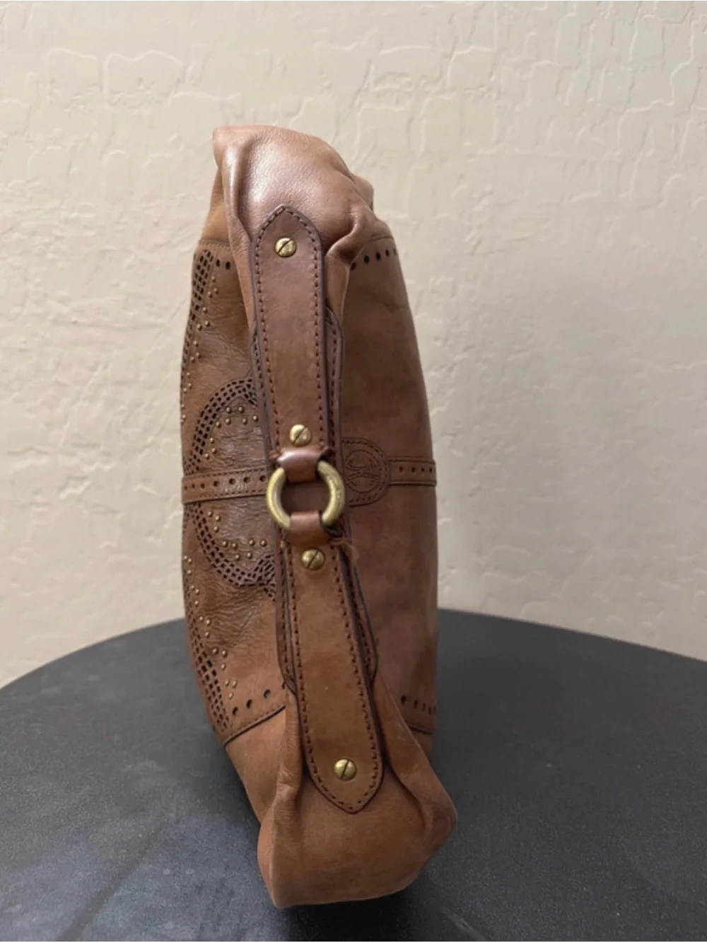 Cole Haan Tan Leather Perforated Hobo with Stud Accents